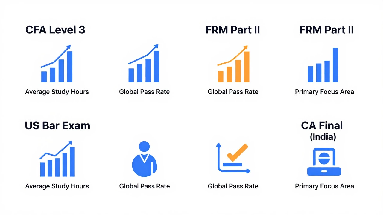 Minimalist digital chart comparing study hours, pass rates, and focus areas for top financial and legal professional exams.