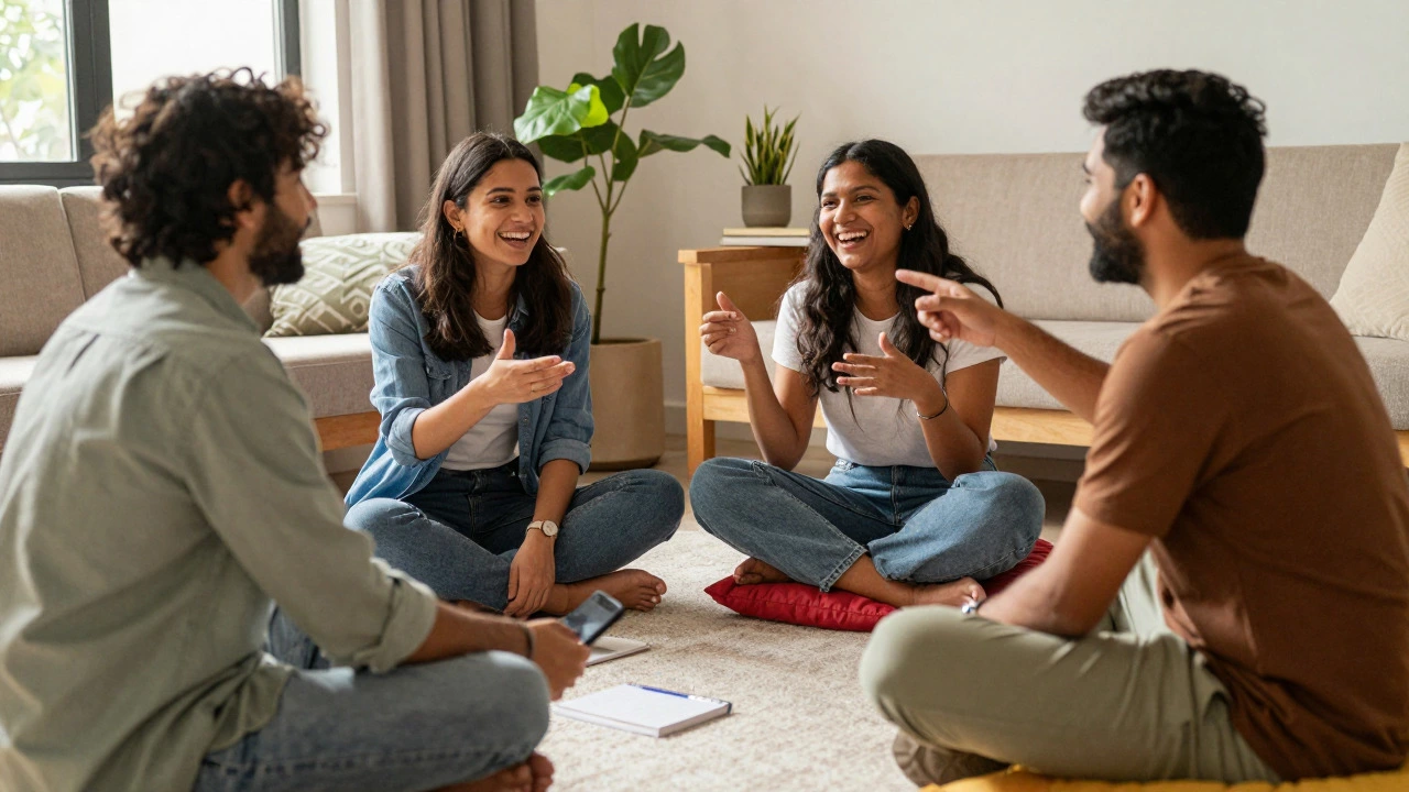 Small group of friends practicing English conversation in a relaxed home setting.