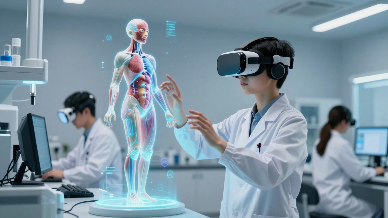 Student using VR headset for medical training