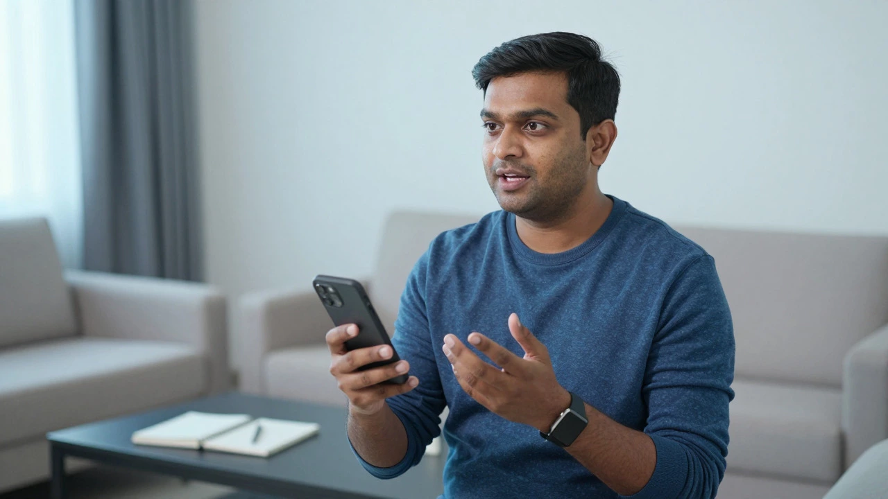 Young man speaking confidently into a smartphone during a daily voice note recording session.