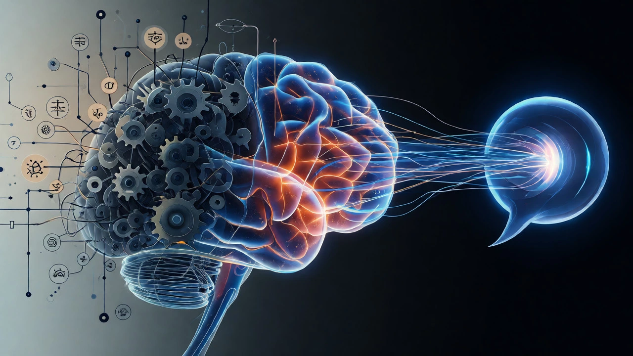 Abstract visualization of a brain transitioning from slow translation to fast, fluid English thinking.