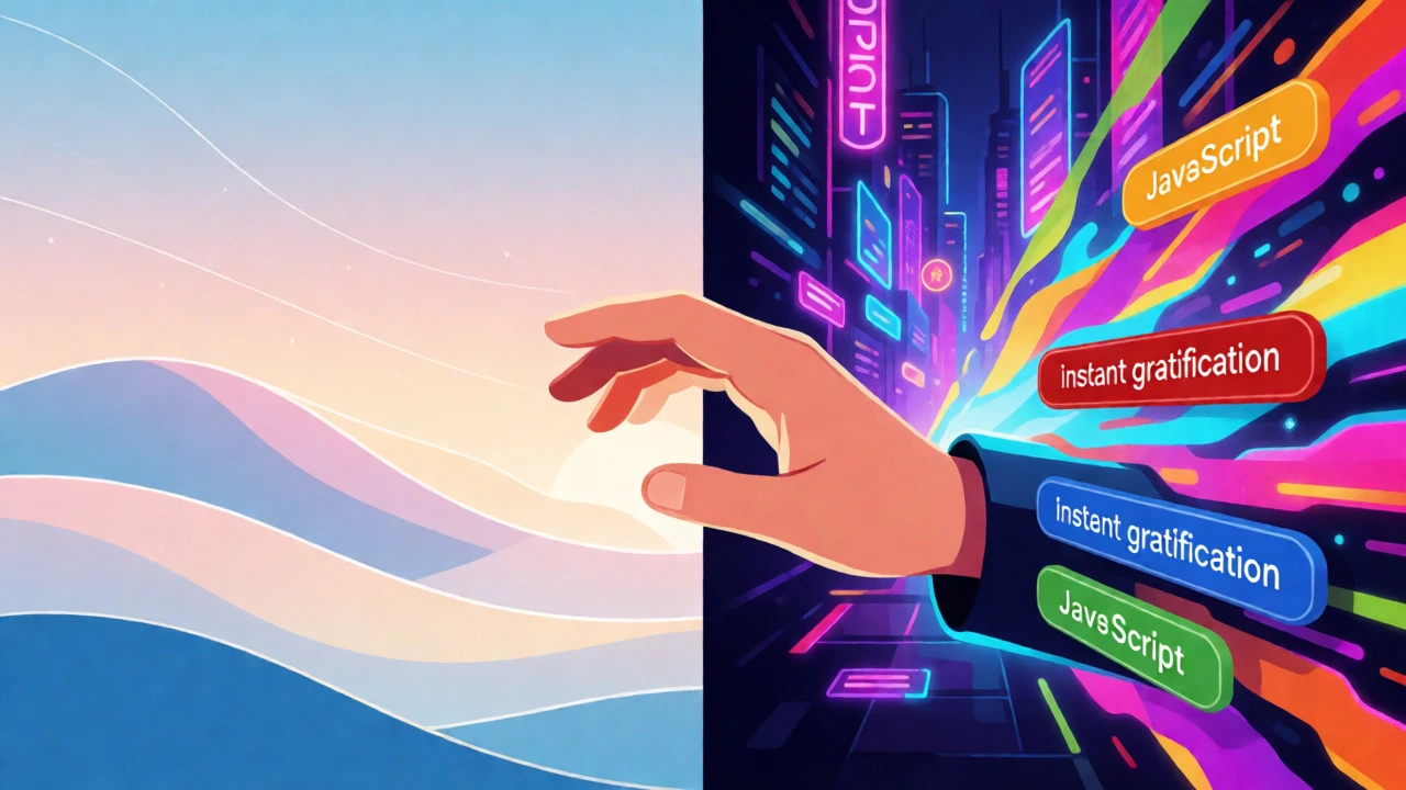 Conceptual art contrasting Python's simple flow with JavaScript's vibrant interactivity.