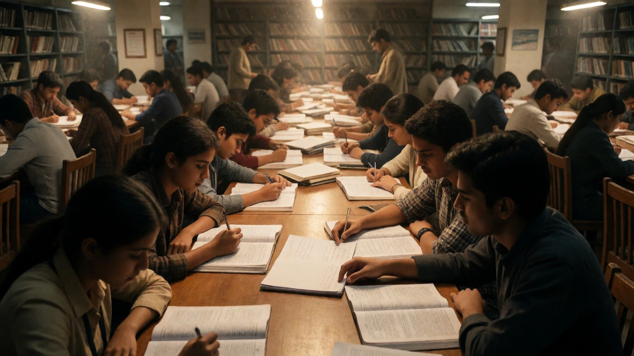 Crowded library scene of UPSC aspirants studying in Delhi