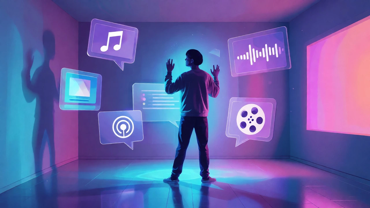 Digital illustration of a learner immersed in floating English media icons.