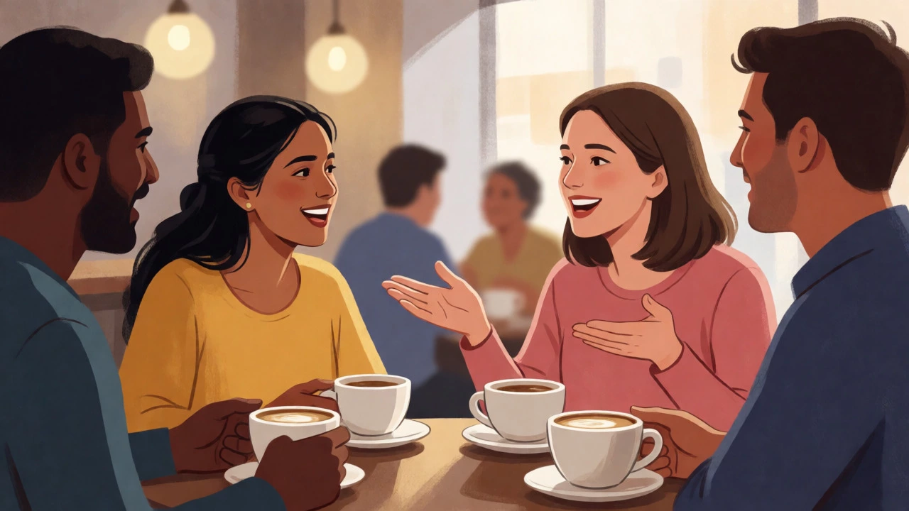 Diverse group having a confident English conversation in a cafe