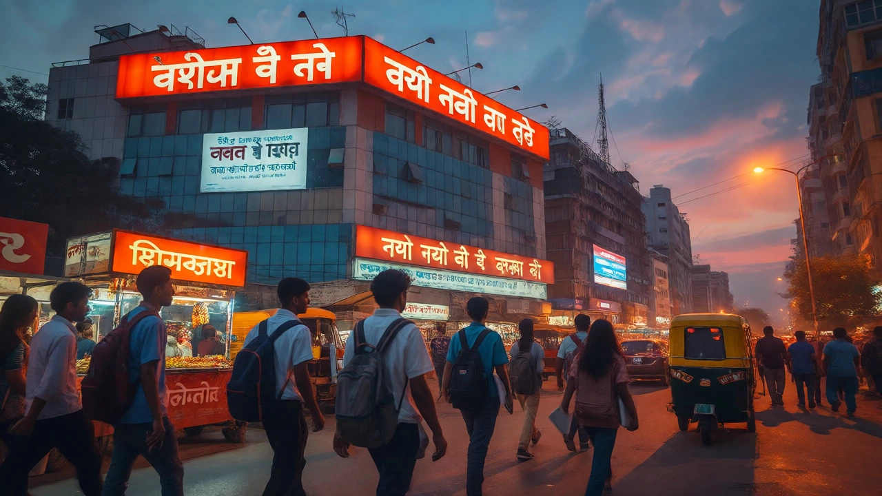 Evening street scene in Delhi NCR with students walking near coaching centers