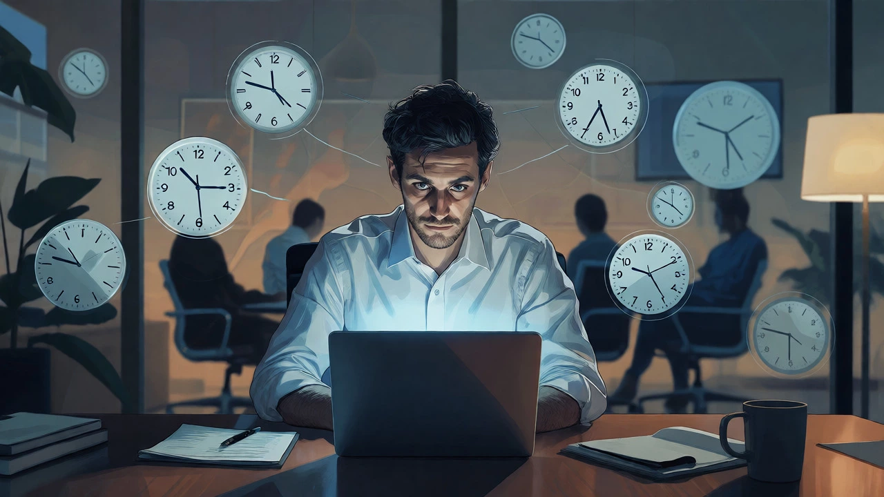 Exhausted executive studying late at night with floating clocks indicating long duration