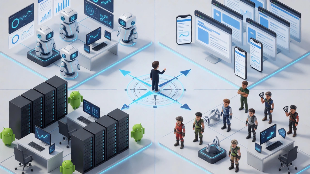 Isometric view of coding paths for Data Science, Web, Enterprise, and Game Development.