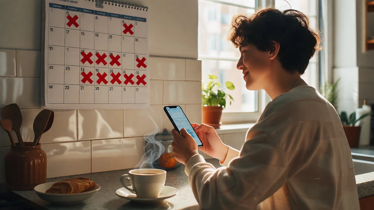 Person checking a streak calendar while having breakfast, marking daily study progress.