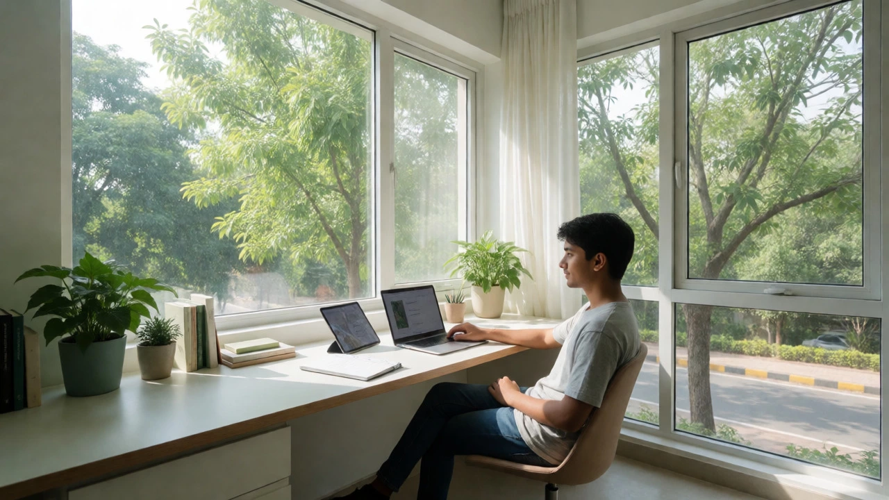 Relaxed student using online tools in a bright home study