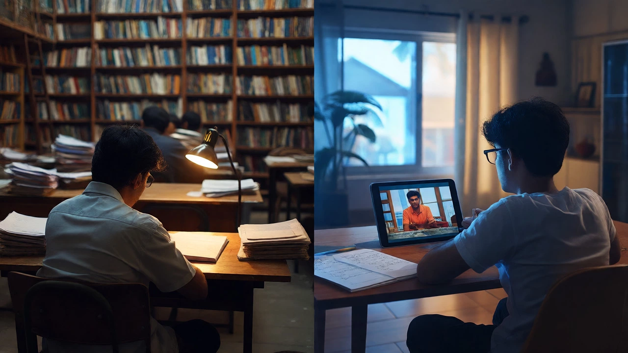 Split view comparing traditional library study with modern online learning