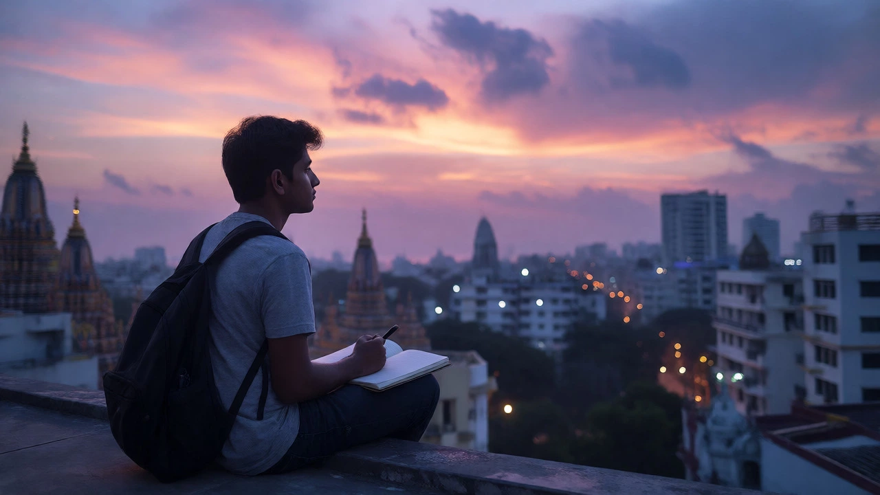 Student reflecting calmly on a rooftop at sunset, symbolizing balanced success