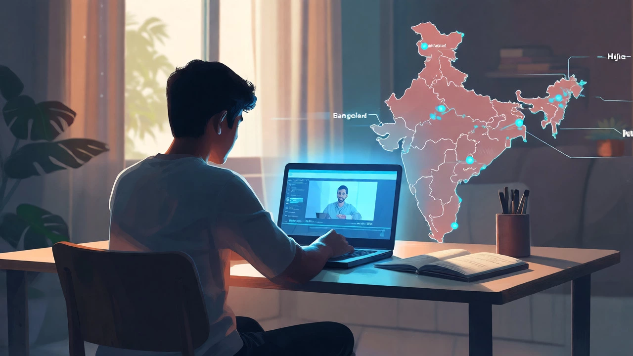 Student studying online at home with a laptop, representing hybrid JEE prep