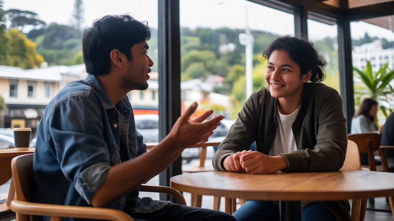 Two people having a friendly conversation in a cafe, illustrating supportive language practice.