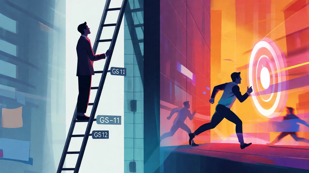 Conceptual art showing a worker stuck on a rigid ladder versus one sprinting in the private sector.