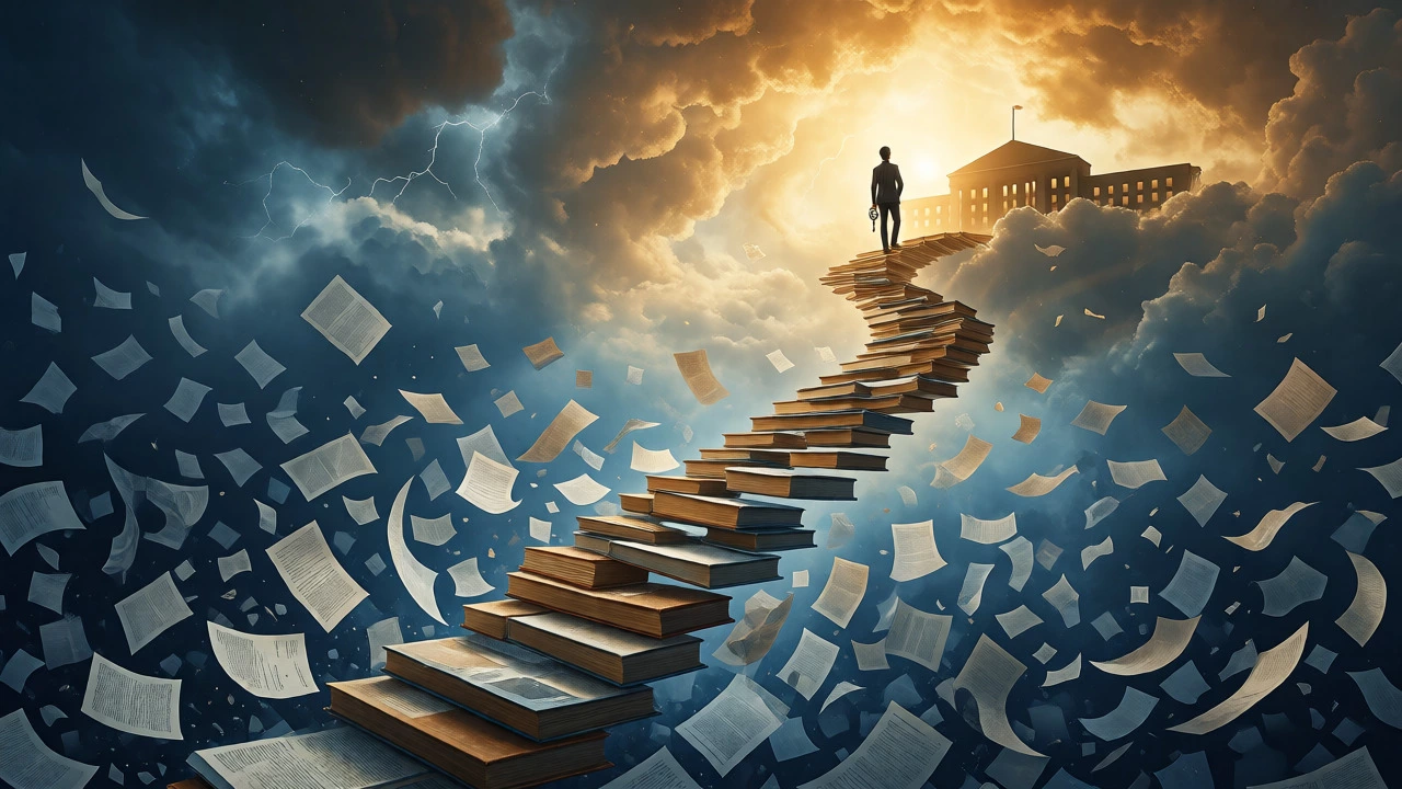 Figure reaching the top of a book-staircase toward golden light symbolizing success