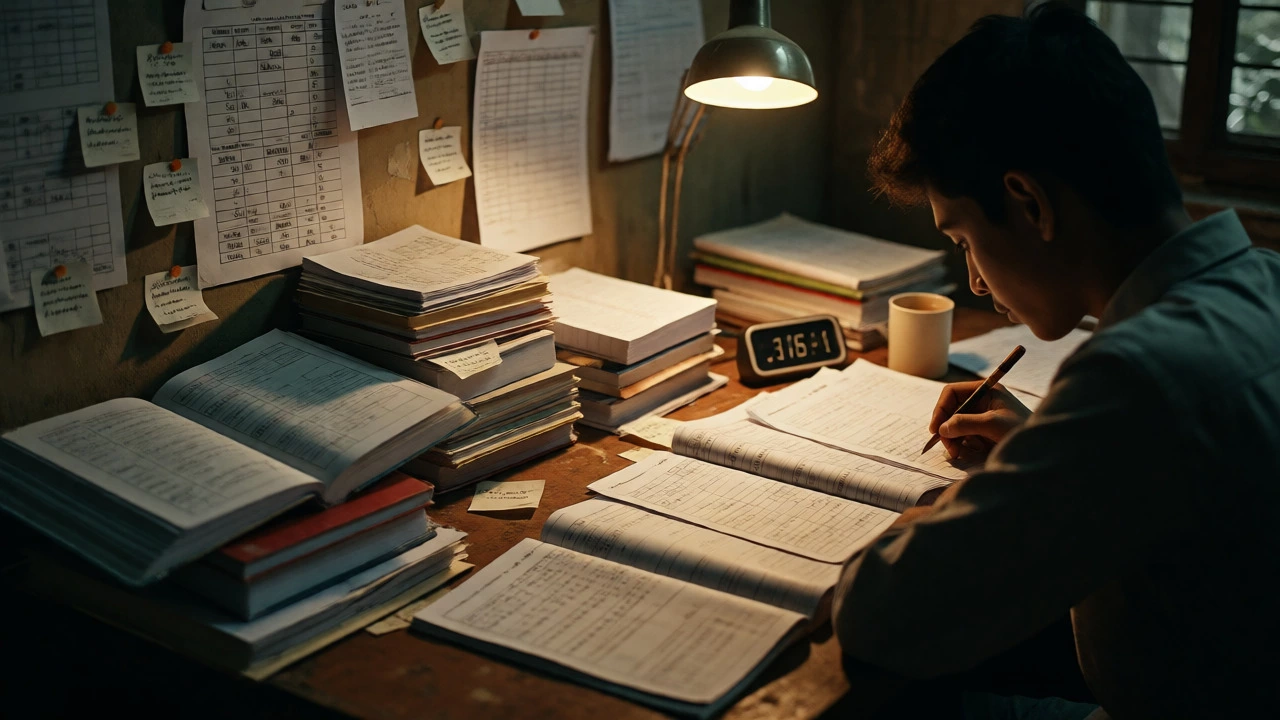 Focused student studying intensely at a desk with books and mock tests under warm light