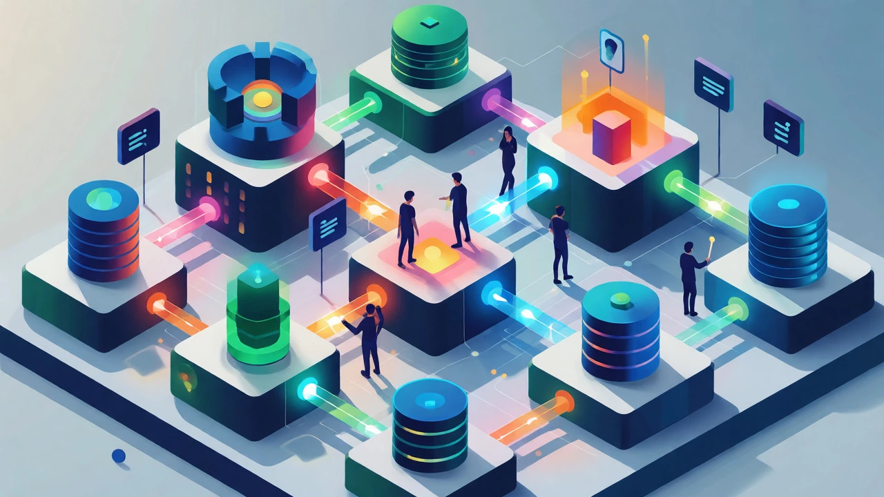 Isometric view of interconnected software systems and communication