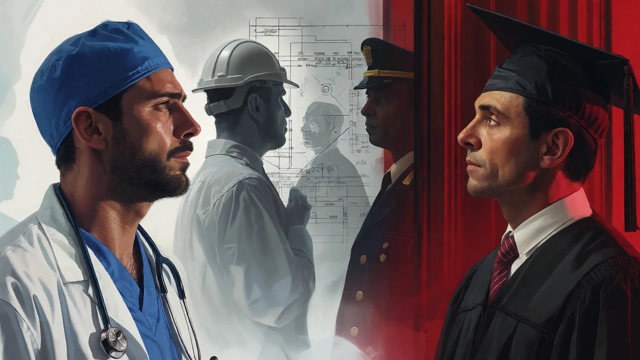 Split view of stressed medical resident and law graduate facing high-stakes licensing hurdles