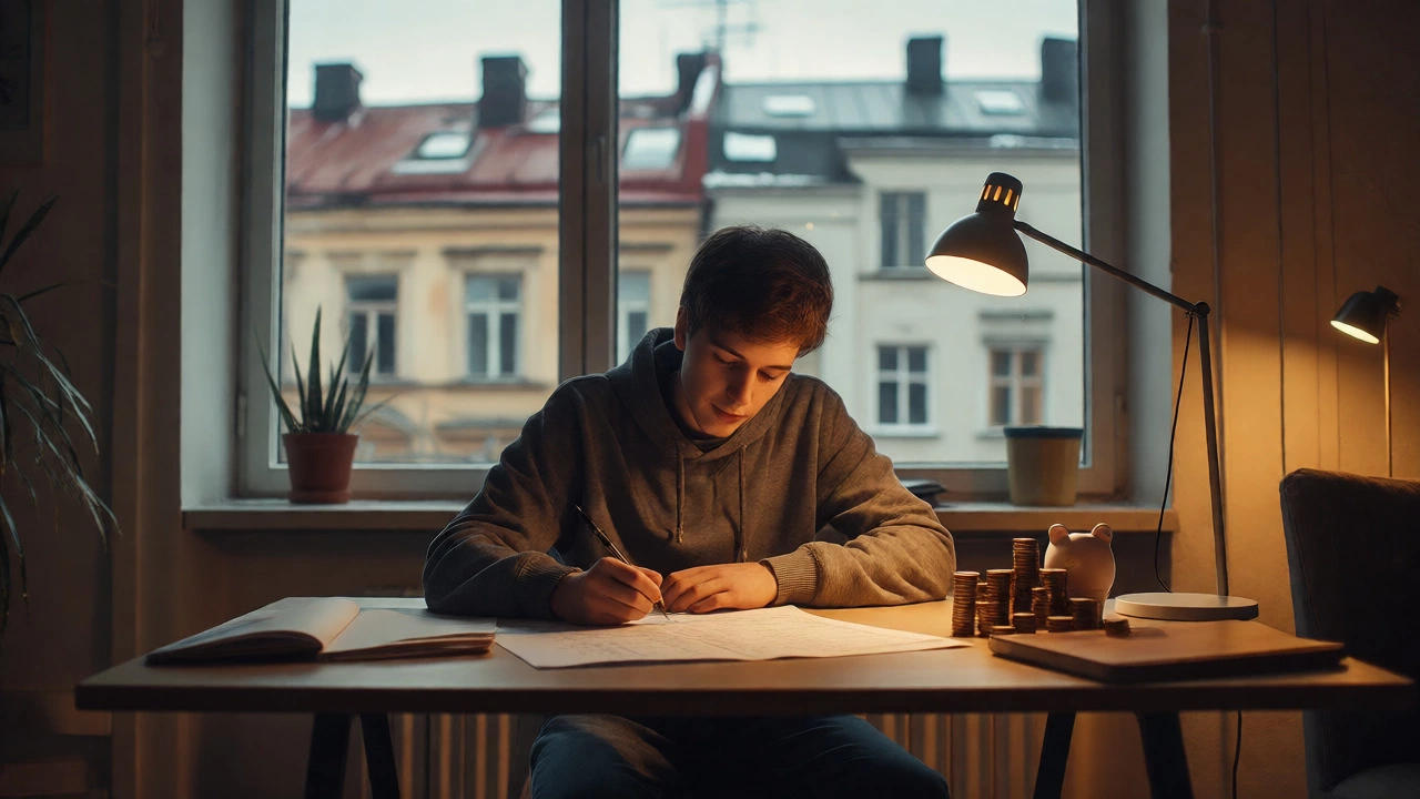 Student managing finances in a European apartment setting