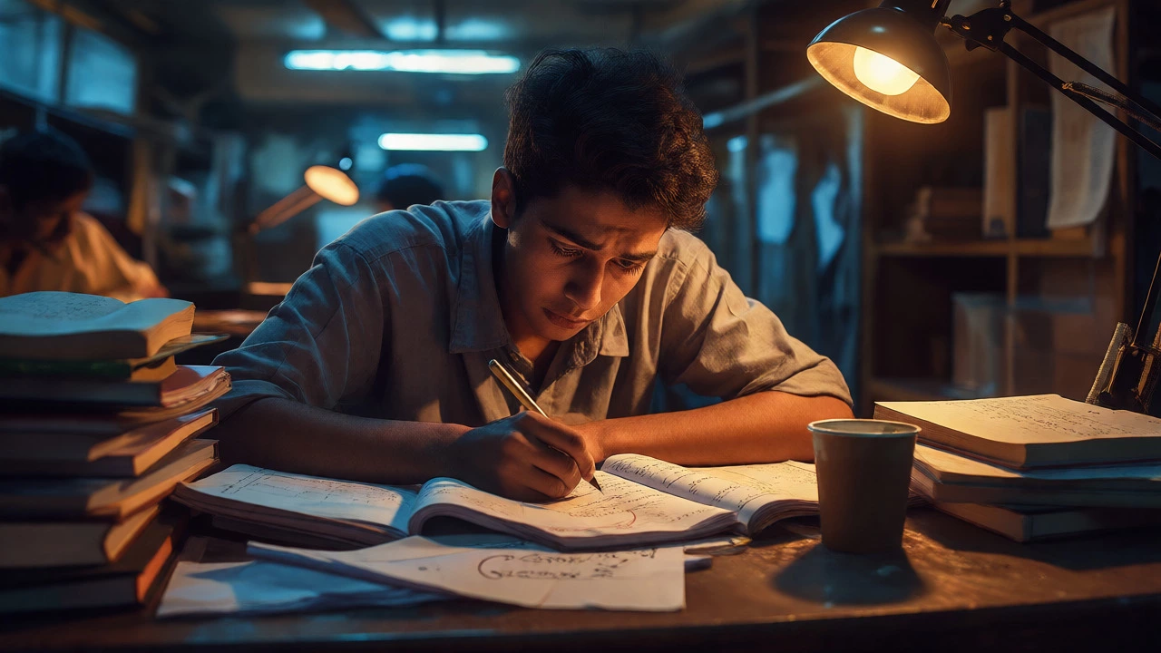 Student studying intensely under a desk lamp with math books