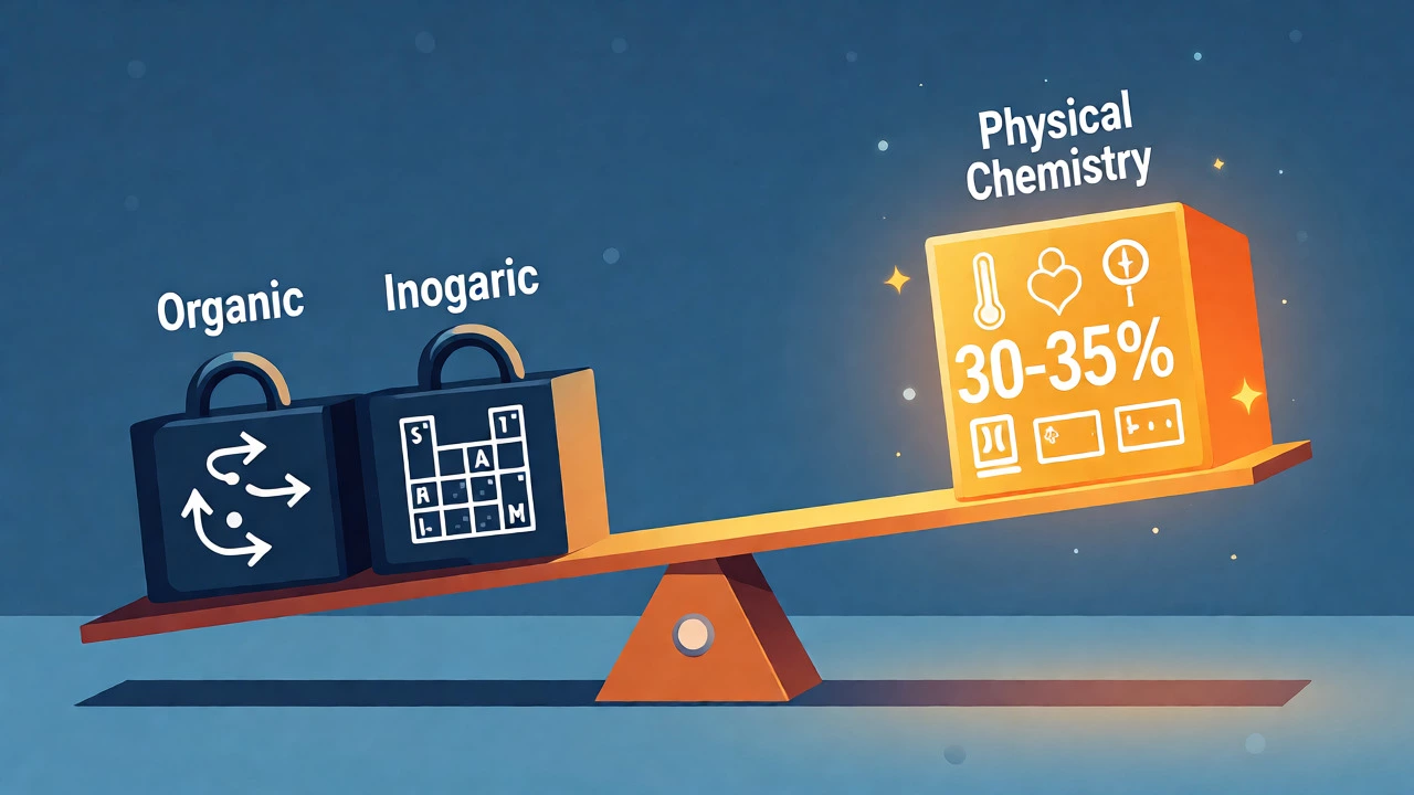 Visual metaphor balancing JEE chemistry modules with Physical Chem highlighted
